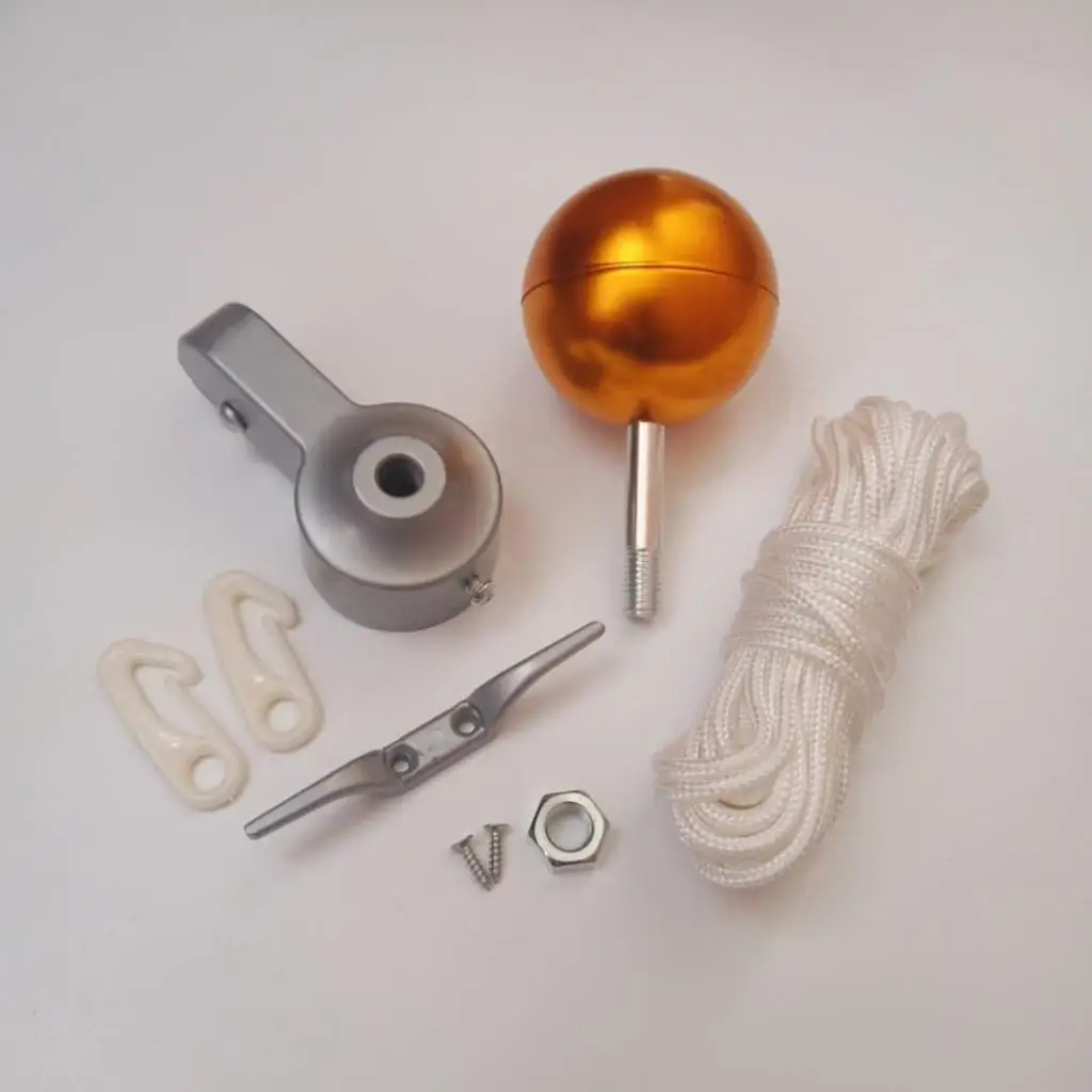 All-in-1 Flag Pole Replacement Parts 2'' Truck Pulley Golden Ball and Cleat Rope