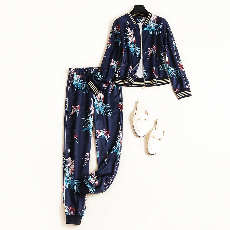 Chiffon pak 2019 herfst vrouwen afdrukken stiksels korte jas potlood broek twee stuk Chiffon pak 2019 herfst vrouwen afdrukken stiksels korte jas potlood broek twee stuk