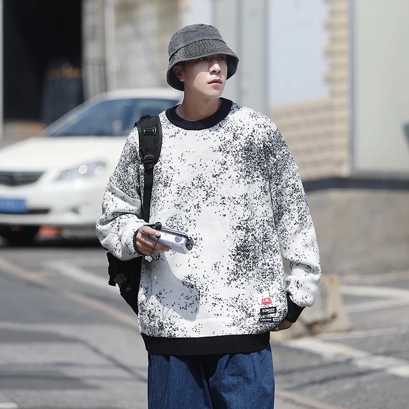 

21/Winter Men's Korean style loose round neck pullover casual tie-dye sweater men