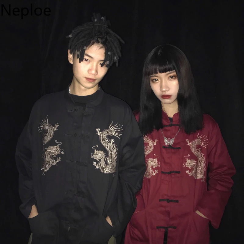 

Neploe Chinese Traditional Clothing Dragon Embroidery Tang Suit Jacket Streeatwear Kimono Vintage Blouse Couples' Top 80575