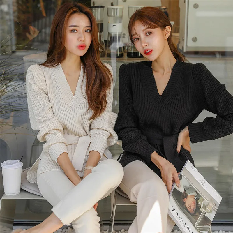 solid lace up sweater pullover v neck long sleeve casual knitted clothing autumn winter elastic warm knit pullovers P501 solid lace up sweater pullover v neck long sleeve casual knitted clothing autumn winter elastic warm knit pullovers P501
