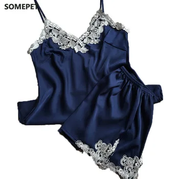 

Ladies Sexy Silk Satin Pajama Set Lace Pyjama Set Sleeveless Pijama Set V-neck Sleepwear Summer Home Wear Sleep Wear For Women
