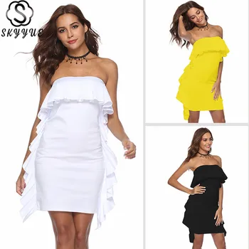 

Skyyue Prom Dress Solid Ruffles Sleeveless Prom Dresses 2019 Boat Neck Mini Straight Dress Prom Strapless Vestidos De Gala YM078