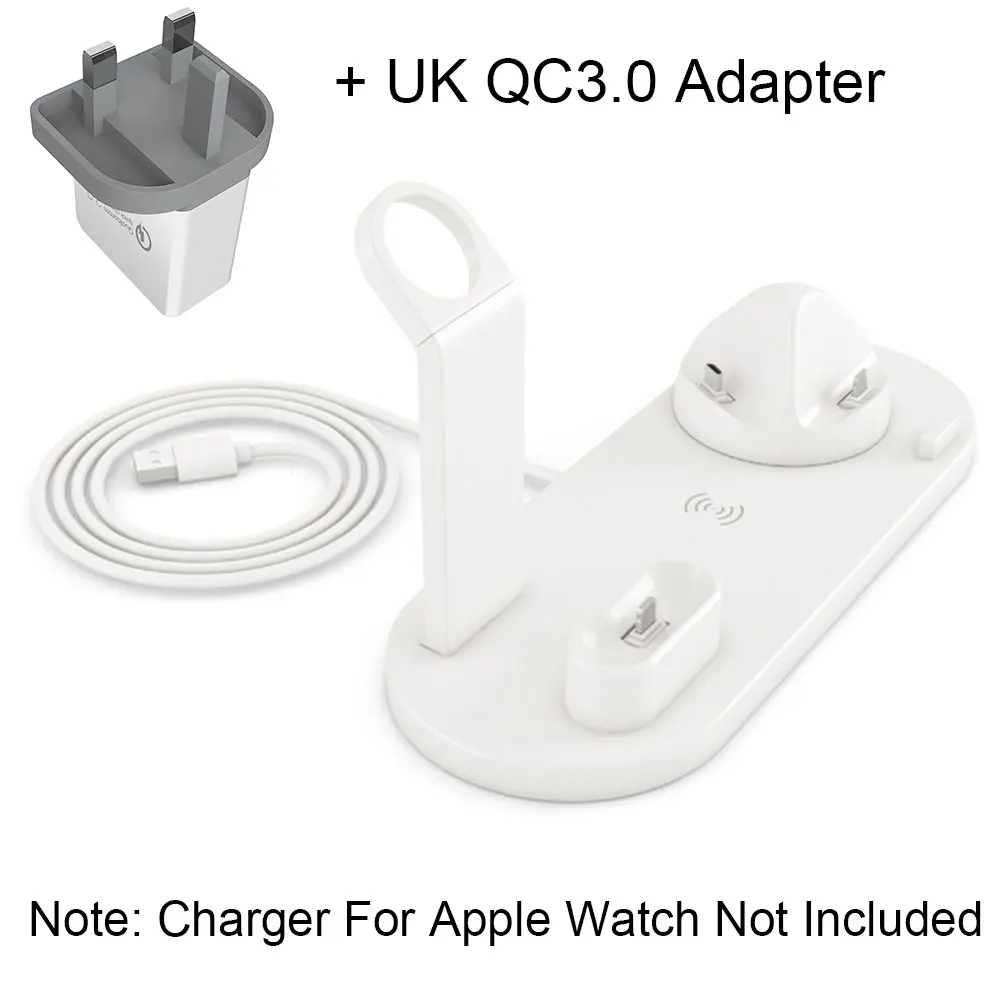 3 in 1 Wireless Charging Dock Station Stand Holder for Apple Watch Airpods iPhone XR X XS Max 8 Plus Induction Charger Docking - Цвет: Add UK Adapter