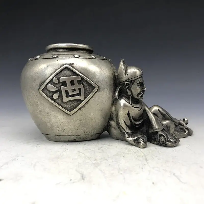 

Chinese Old Tibetan Silver Copper Vase Bottle & Can Hand-carved Figure StatueXuande Mark Storage Tank