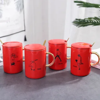 

Korea Cute Red Modern Girl Ceramics Straight Cup with Lid Spoon Simple Breakfast Milk Mug Home Office Porcelain Water Coffee Mug