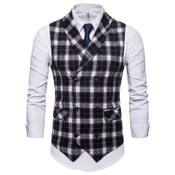 

New Brand Men Double Breasted Wedding Suit Waistcoat Vests Men Sleeveless Business Overcoats Gary Plaid casual vest