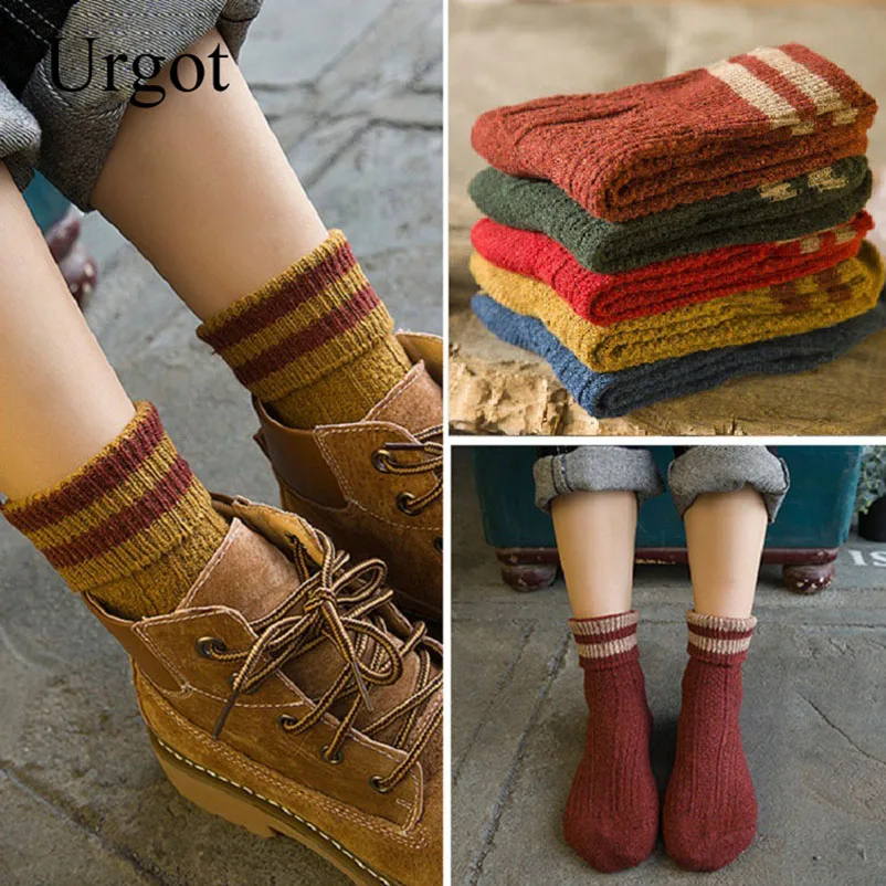Urgot, 5 пар, зимние шерстяные носки, плотные, теплые, вязаные, в полоску, женские носки, рождественский стиль, женские короткие носки, Calcetines Mujer