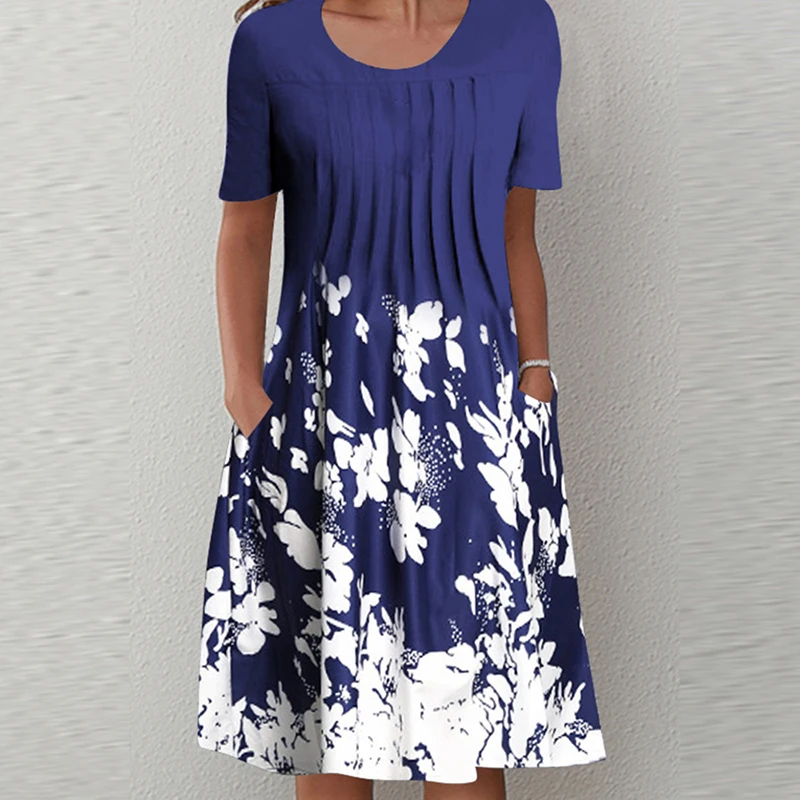 

Vintage Women Floral Print Pocket A-Line Dress Summer Fashion O-neck Short Sleeve Pleated Party Dresses Elegant Ladies Vestidos