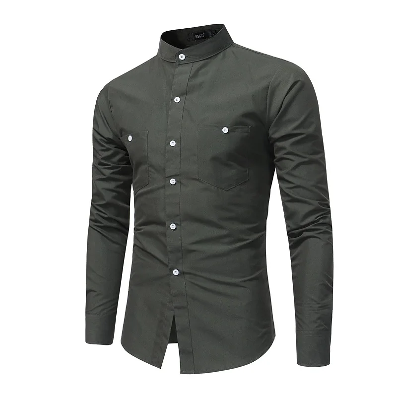 

Korean Style Men's Stand Collar Long Sleeve Shirt Cotton Solid Color Male Brand Shirts Slim Big Size Blouse Luxury Retro Clothes