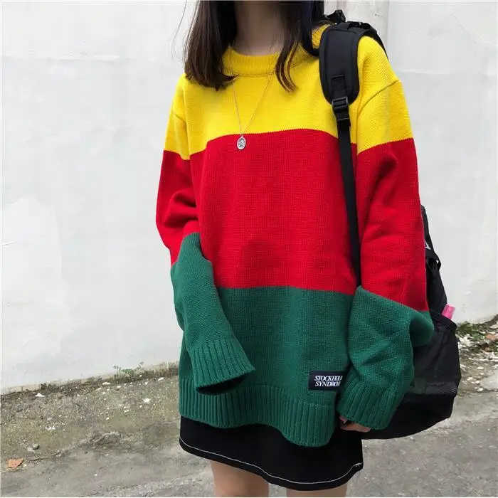 

Neploe Contrast Color Stripe Sweater Long Sleeve O-neck Women Knitted Jumpers Autumn Winter New Oversized Pull Pullover 54651