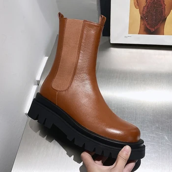 

Flats Platform Women Ankle Boots Warm Genuine Leather Motorcycle Boots Autumn Winter Chunky Heels casual Shoes Woman