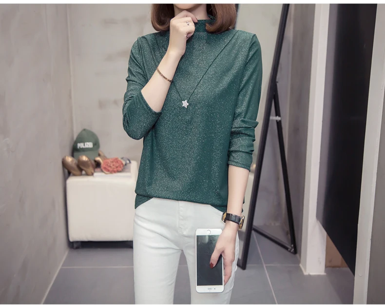 Plus Size Bright Silk Tops Tee Shirts Women 2020 Autumn Trendy Turtleneck Long Sleeve Office Lady Basic T-shirts Oversize Tshirt