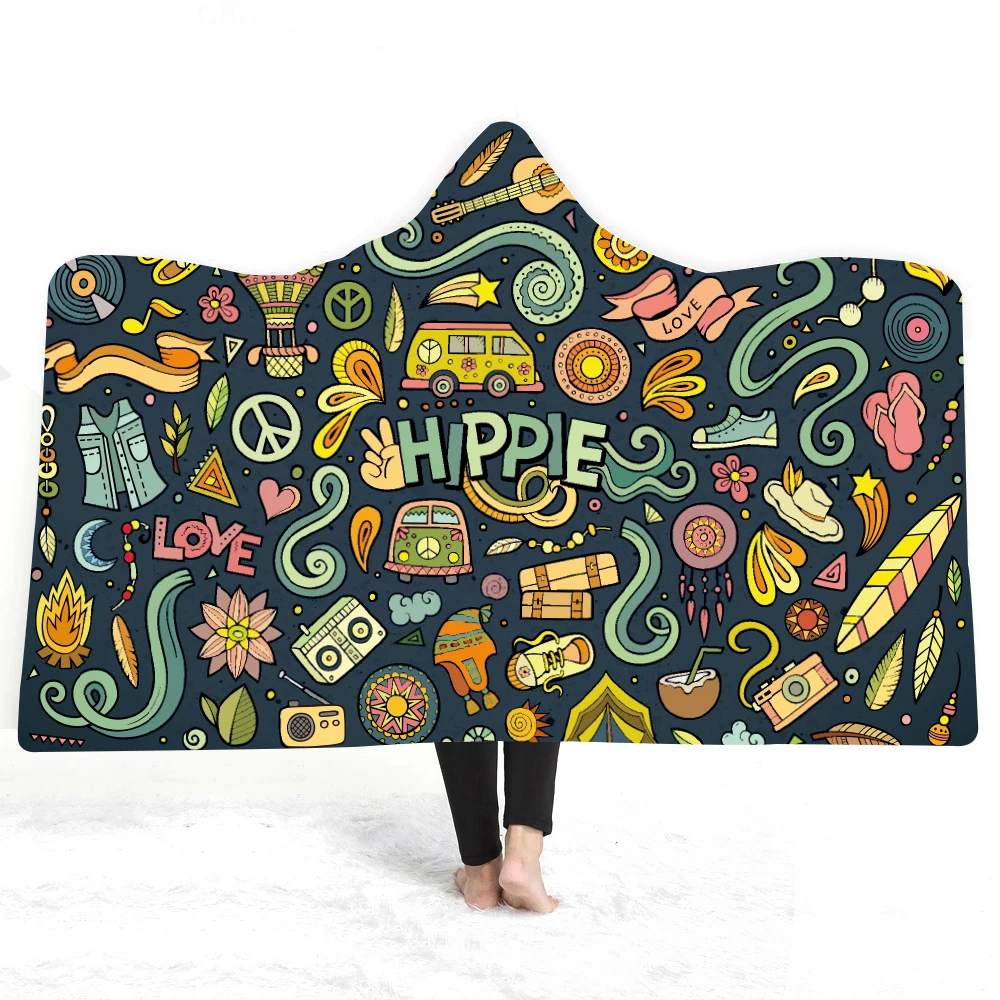 

Colorful 3D Print Plush Hooded Blanket for Adult Child Sofa Quilt Wearable Fleece Throw Blanket Home Office Washable