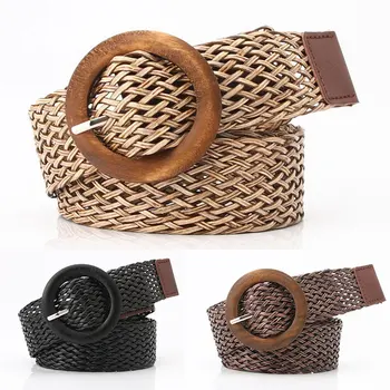 

Wide Belt Vintage Boho Decoration Dress Waistband Woven Belt Braided Waist Belt Women Belt Round Wooden Smooth Buckle Fake Straw