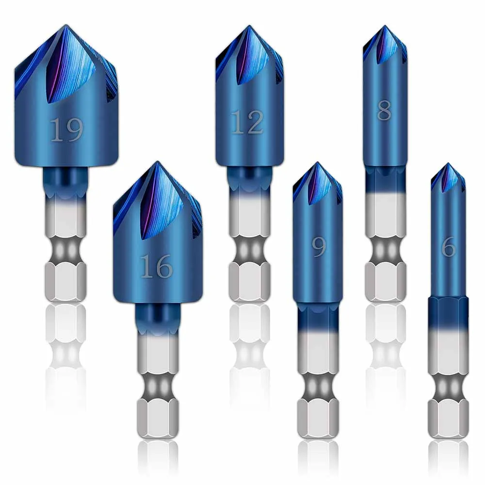 

6pcs 6-19mm Countersink Drill Bit 5 Flute Hex Shank Blue Coated Chamfer Mill Cutter Drill Bits Deburring Woodworking Hand Tool