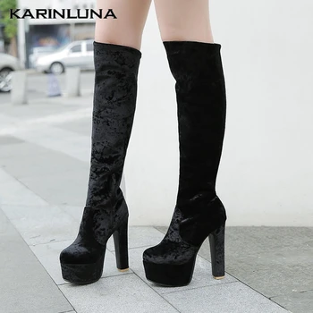 

High Heels Autumn Winter Large Size 33-48 women shoes Flock Side Zip Thick Heels Platform Over-the-knee Boots