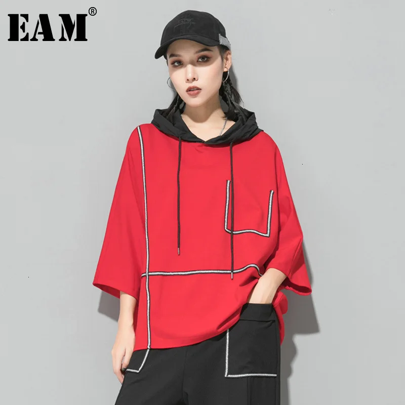

[EAM] Women Black Line Split Joint Oversized Loose T-shirt New Hooded Long Sleeve Fashion Tide Spring Autumn 2020 1D731