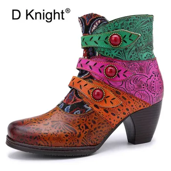 

Genuine Leather Western Boots Women Shoes Handmade New Winter Print Ankle Boots For Women Embroidery Lady Boots Shoes High Heels