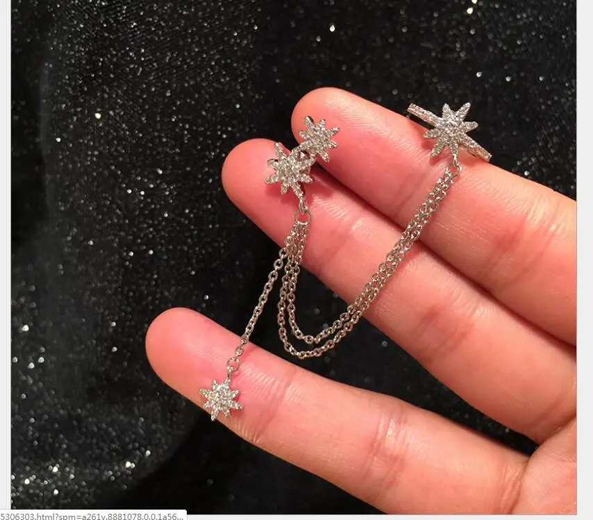 

women S925 silver needle octagonal star ear bone clip single chain tassel eight star earrings