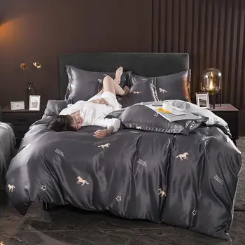 

Black horse Bedding Sets Satin Silk 4 size Duvet Cover Set For USA Europe 3/4Pcs Bed Linens Sheet Set For Russia bedclothes