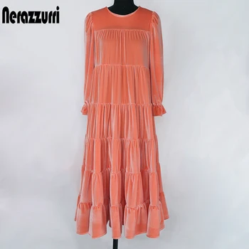 

Nerazzurri Midi pleated velvet dress women 3/4 puff sleeve Black white long dresses for women 2020 Plus size clothing for women