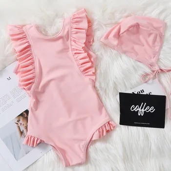 

Ruffles Baby Pink Swimwear One Piece Swimsit for Kids Toddler High Cotton Spandex Bathing Suit Princess Clothing