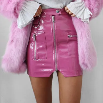 

Sexy Women's Clothing Short Skirt Punk Pocket Zipper Shiny PU Leather High Waist Skirt Leather Mini Skirts Women A line Skirt