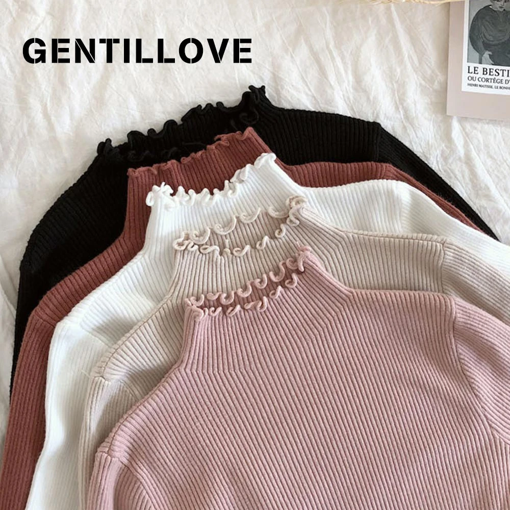 Gentillove осенне-зимний женский свитер с воротником-хомутом и рюшами