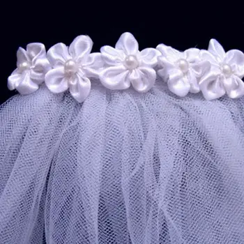 

2 Tier Wedding Veil Flower Faux Pearl Bowknot Floral Lace Trim Bridal Headdress