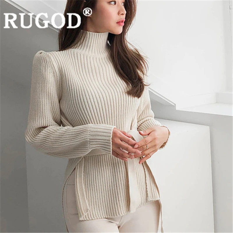 Beige RUGOD осенний теплый Однотонный свитер пуловер для женщин водолазка с пышными рукавами на шнуровке тонкий вязаный свитер модный элегантный - Color: Beige