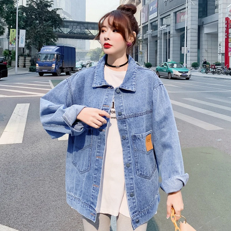

Zoki Fashion Lady Denim Jacket Women Blue Cotton Coat Long Sleeves Overwear Autumn Outwear Korean Street Wear Clothes New