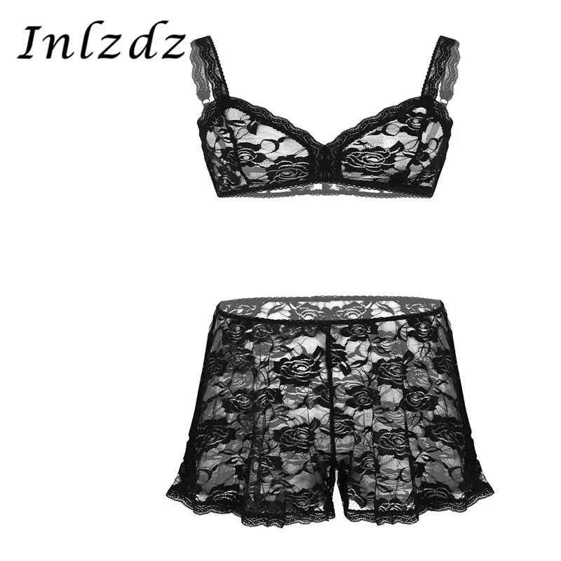 

Mens Sissy Erotic Lingerie Set See Through Sheer Lingerie Suits Wire-free Unlined Bra Top with Shorts Transparent Underwear Set