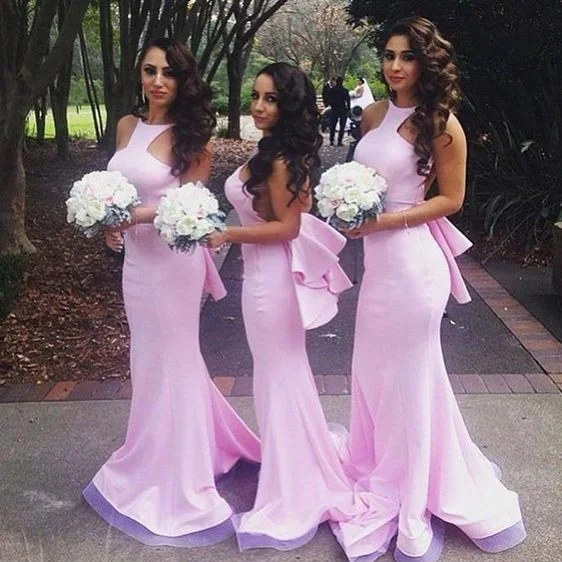 Оборки розовые платья подружек невесты Русалка Холтер шеи открытой спиной Элегантные подружки невесты длинные платья vestidos dama de honor