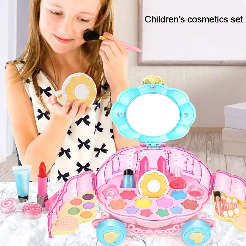 

Kids Makeup Kit For Girls Lipstick Washable Makeup Suitcase Set Pumpkin Car Toy Makeup Set For Kids Gift In Stock