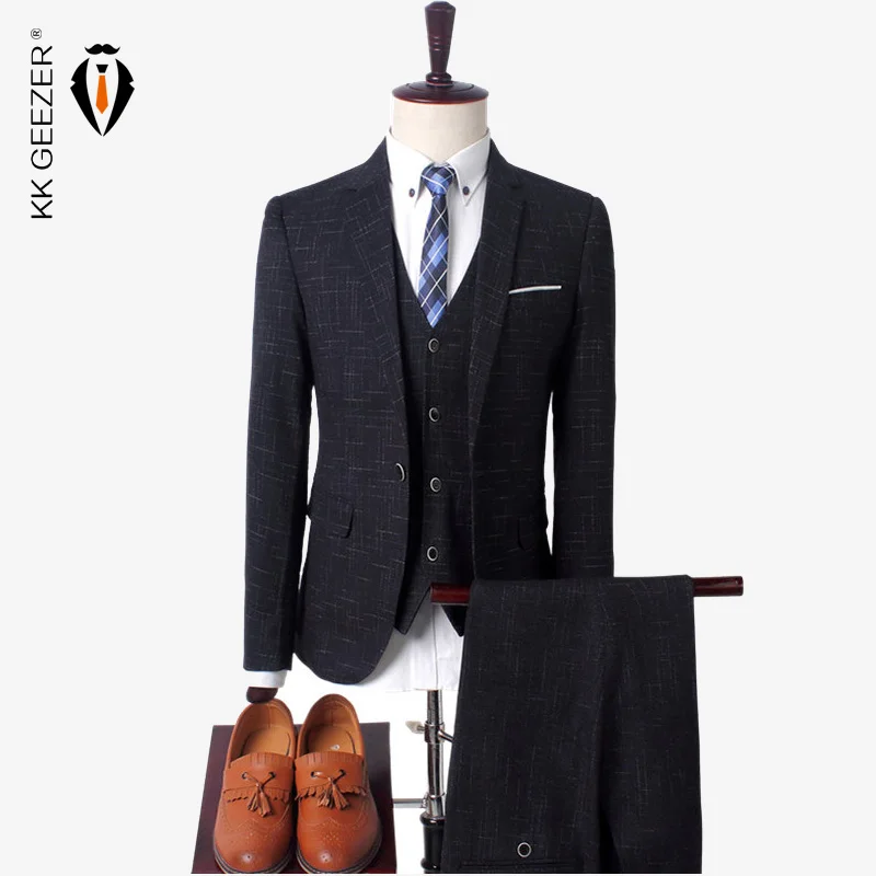 

Men Suit Plaid Slim Suit Jacket Mens Dress Suits With Pants Slim Fit Waistcoat Tuxedos Groom Wedding Suits(Jacket+Pants+Vest)