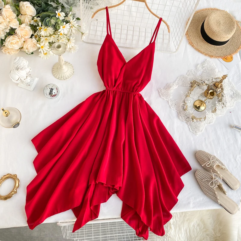 

Women Holiday Sexy Dress Slim Irregular V-neck Dress Lady Sleeveless Spaghetti Strap Summer Solid Color Dresses Red 2020