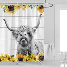 

Bull Highland Cow Shower Curtain Farmhouse Cute Animal Sunflower Bath Curtains Waterproof Polyester Bathroom Decor with Hooks