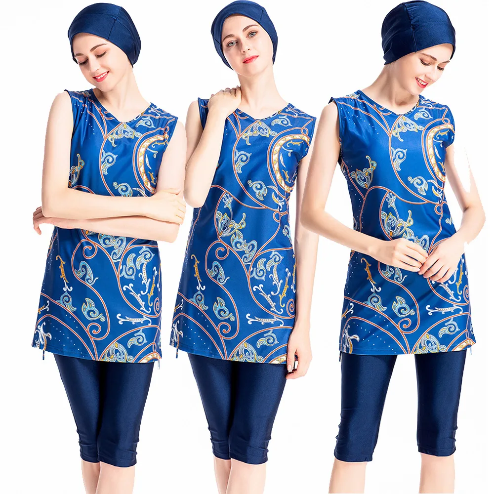 

Sleeveless Islamic Swimwear Women Print Burkini 2019 Fashion Habits Femme Three Pieces Burquini Hasema Swim Surf Wear Sport 4XL