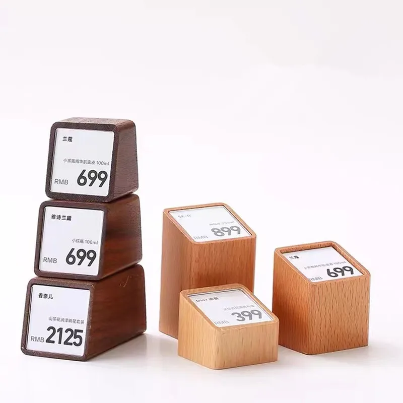Small Wood Acrylic Price Label Card Tag Paper Sign Holder Display Stand Table Jewelry Watch Mini Price Cube Tag
