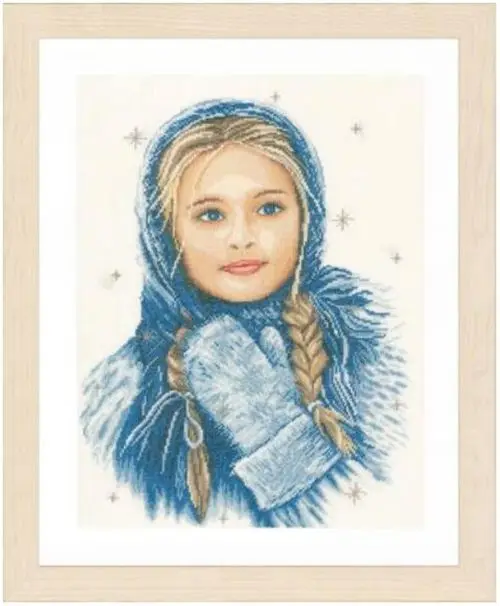 Cross Stitch Kit Winter Girl Maid Lass with Blue Cloak in Winter Snow Blue Riding Hood