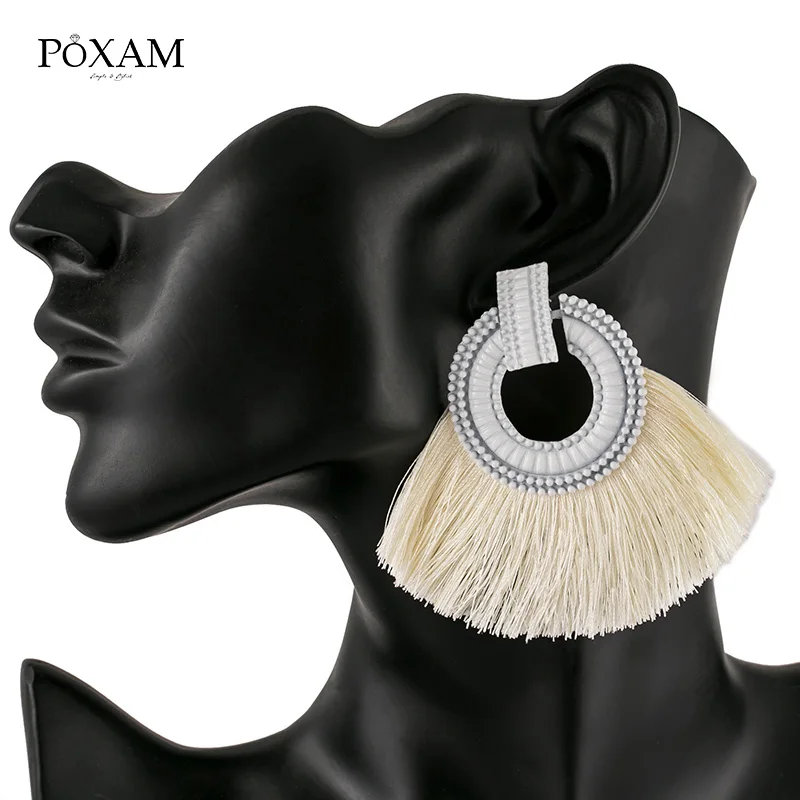 POXAM, модные серьги с большими кисточками для женщин, красные, синие, желтые шелковые ткани, длинные висячие серьги с бахромой, Boho, свадебные массивные украшения - Окраска металла: Type 28
