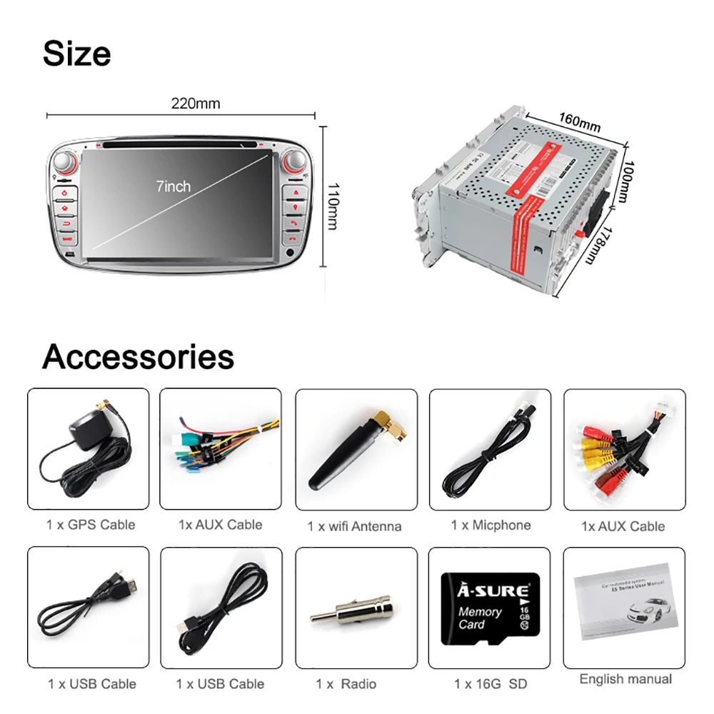 Excellent A-Sure 7 Inch 2 Din Android 9.0 Car Radio GPS DVD Player Navigation For FORD/Focus/S-MAX/Mondeo/C-MAX/Galaxy/Fiesta 32G ROM DAB+ 5
