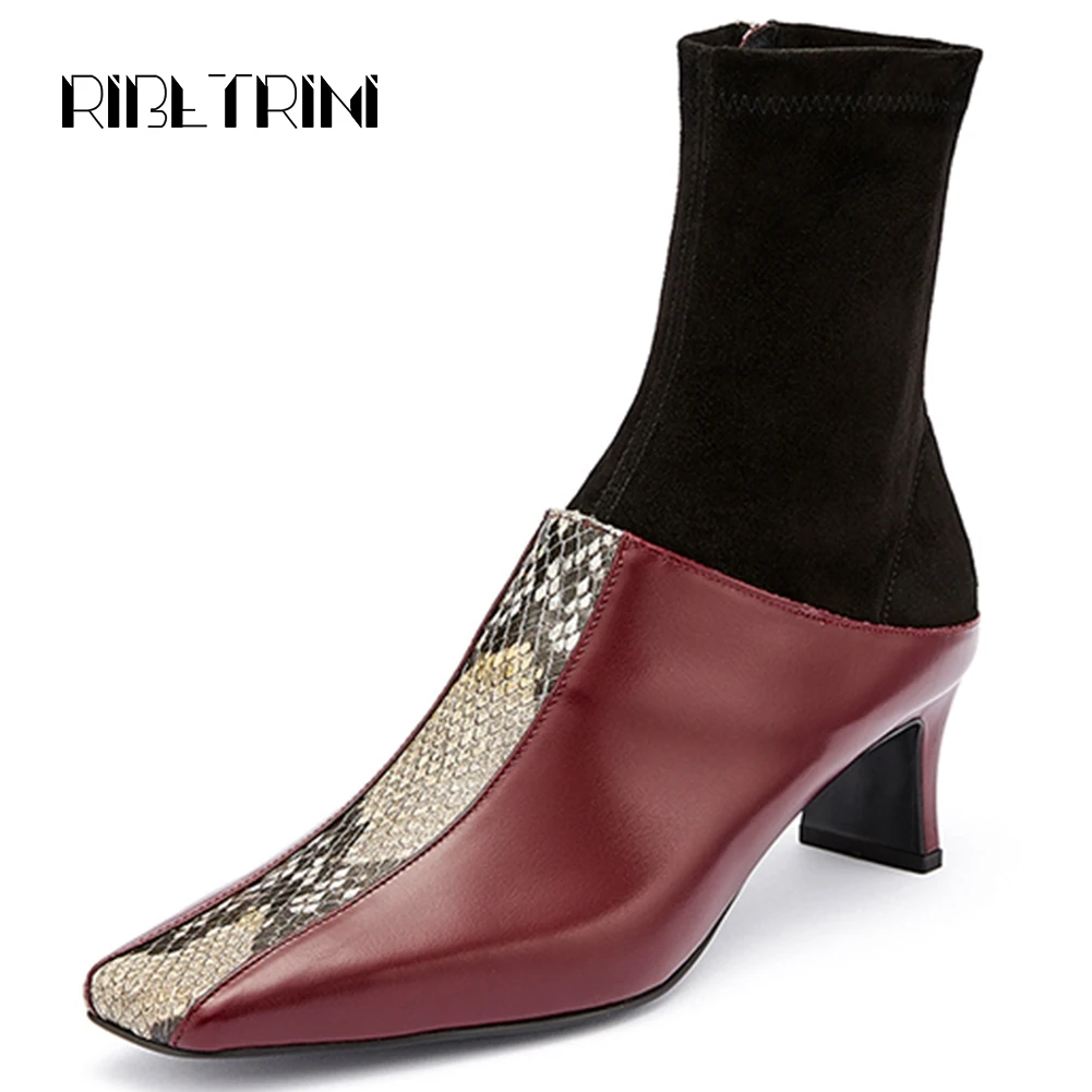 

RIBETRINI 2020 Brand New Lady Spring Patchwork Sock Boots Square Toe Genuine Leather Ankle Boots Women Med Heel OL Shoes Woman
