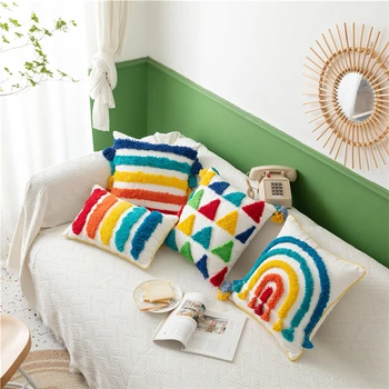 

45x45cm/30x50cm Moroccan Style Cotton Canvas Tufted Rainbow Geometric Stripe Pillowcase Model Home Sofa Cushion Cover