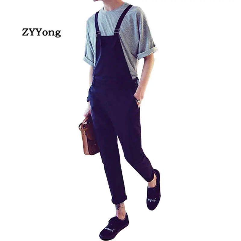 

2020 Men Bib Overalls Ankle Length Streetwear Cargo Pants Korean Style Slim Black Jumpsuits Rompers Youth Casual Trousers