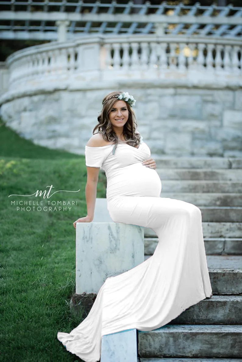 Elegence Shoulderless Maternity Shoot Dress Cute Pregnancy Photography Dress For Baby Shower Pregnant Women Maxi Gown Photo Prop (7)