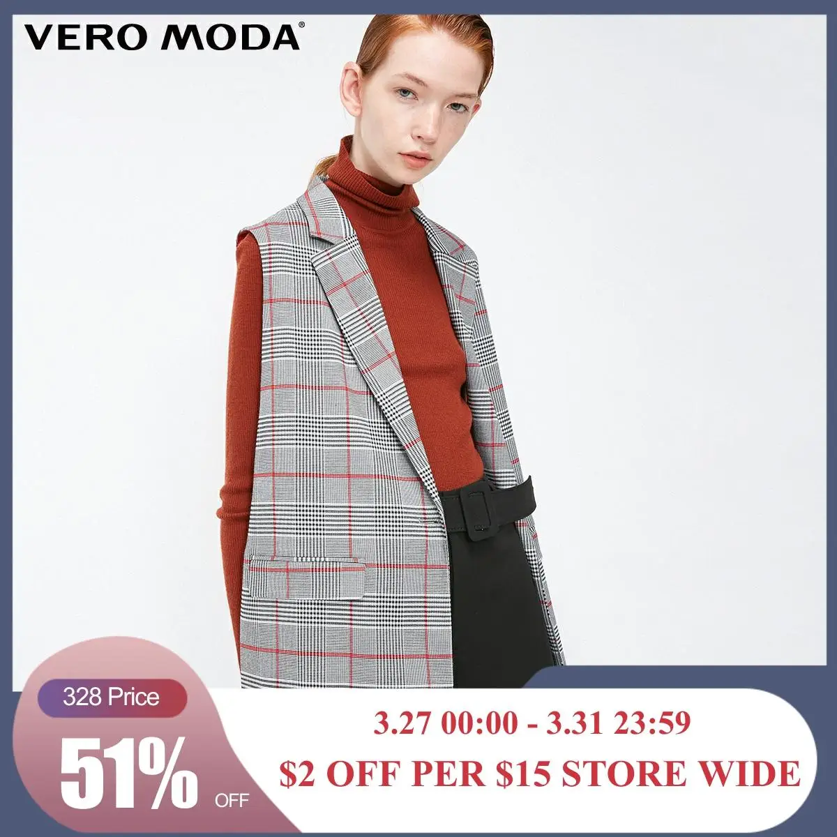 

Vero Moda New OL Style Women's Sleeveless Lapel Plaid Fabric Long Waistcoat | 318334502