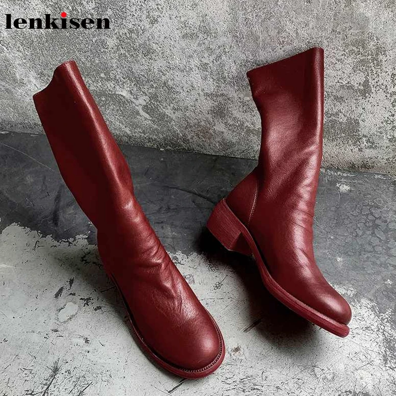 

Lenkisen simple style genuine leather pleated round toe med heels daily wear solid zip winter keep warm women mid-calf boots L26