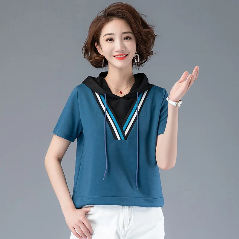 

New 4XL Plus Size Women Summer Tops Blusas Mujer De Moda 2020 Splicing Hooded Korean Loose Short Sleeve T-shirt Female K2021